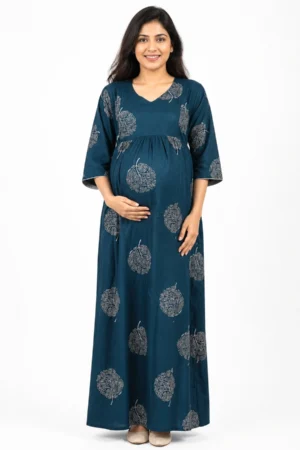 Teal Alpine Frill Feeding Nighty with ruffled waist detail and dual concealed nursing zips