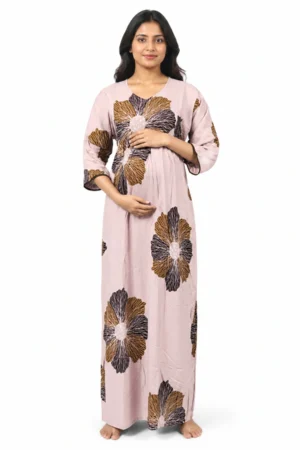 Light Rose Rayon Frill Feeding Nighty with ruffled waist detail and side-zip nursing access