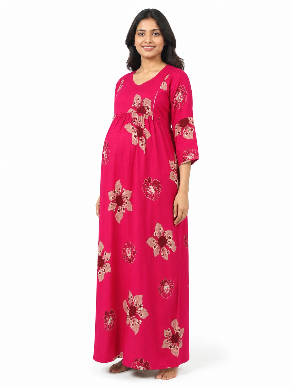 Magenta Pink Rayon Frill Feeding Nighty with ruffled waist detail and dual concealed nursing zips