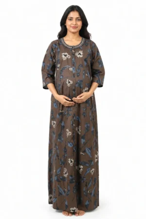Coffee Brown Front Open Button Nighty with full-front button opening and three-quarter sleeves