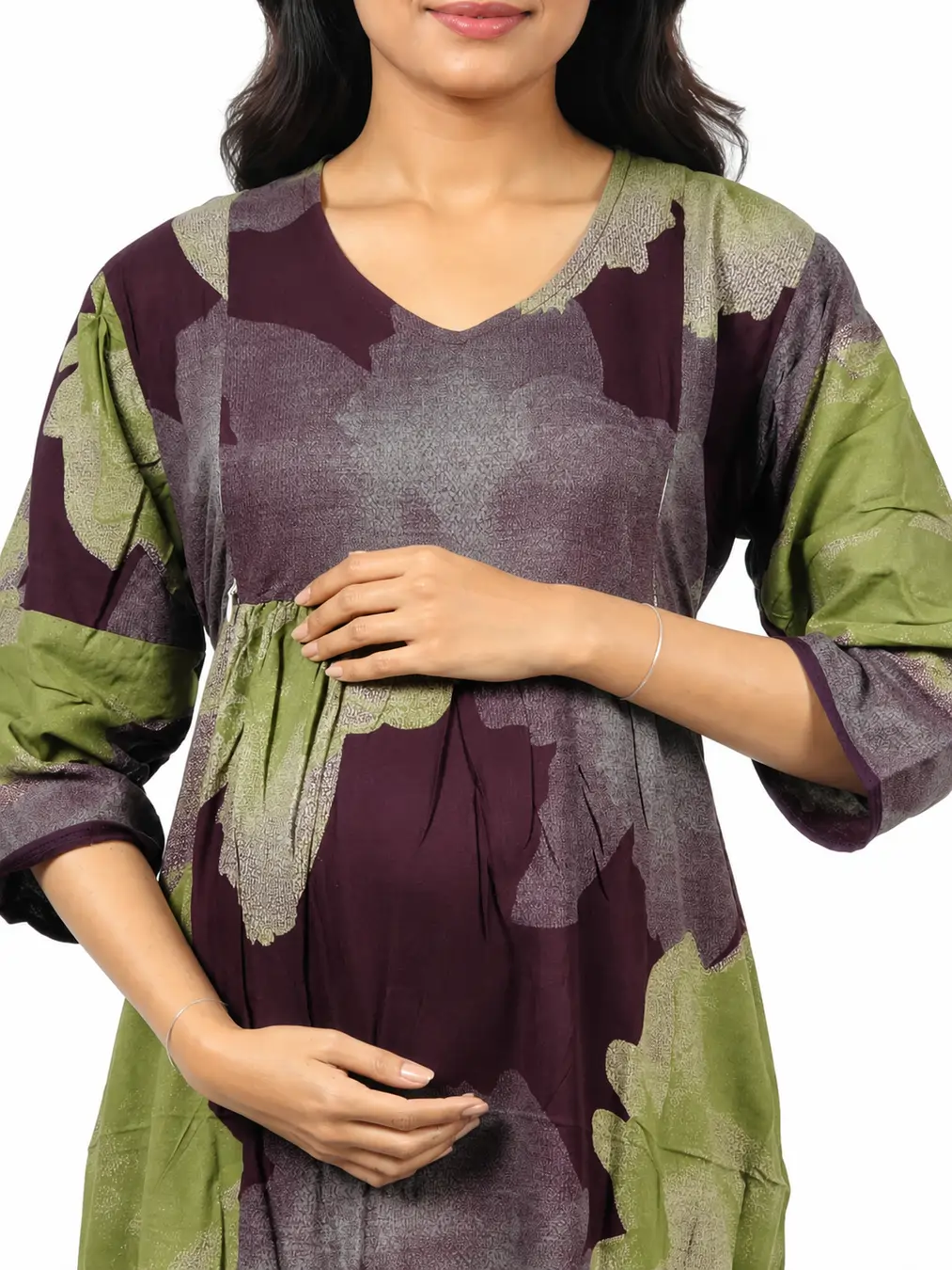 Maroon Alpine Frill Feeding Nighty with ruffled waist detail and dual concealed nursing zips