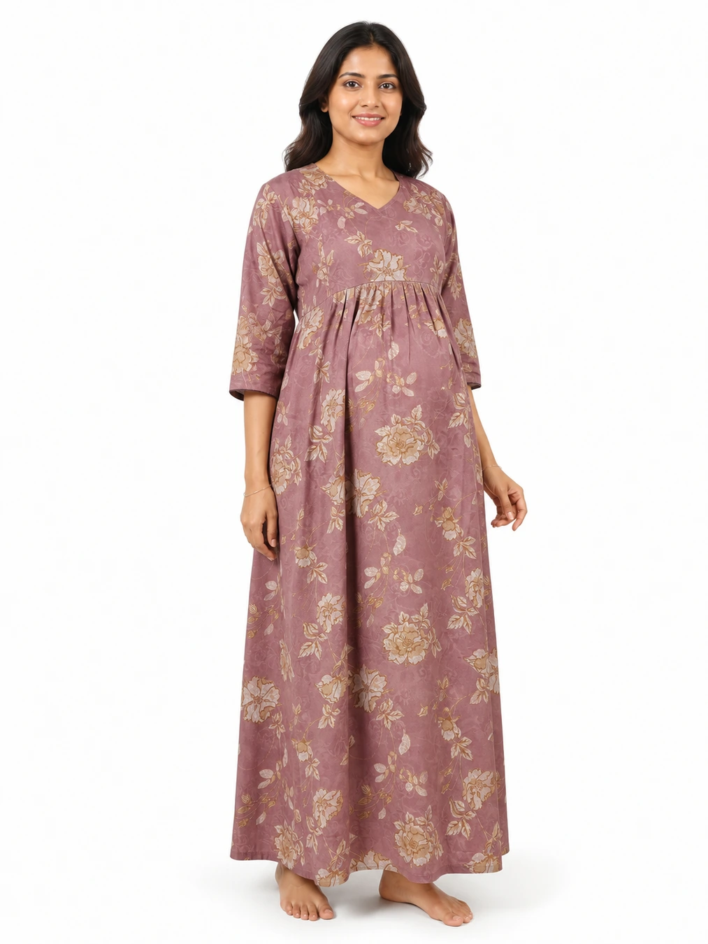 Light Rose Alpine Frill Feeding Nighty with ruffled waist detail and dual concealed nursing zips