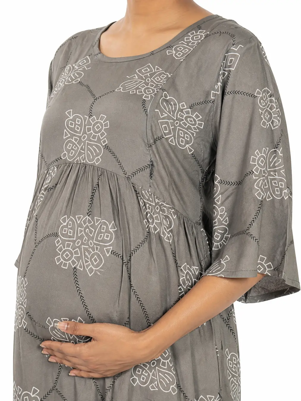 Ash rayon frill feeding nighty with concealed nursing zips