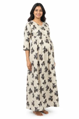 Red cotton maternity nighty with full-front button opening