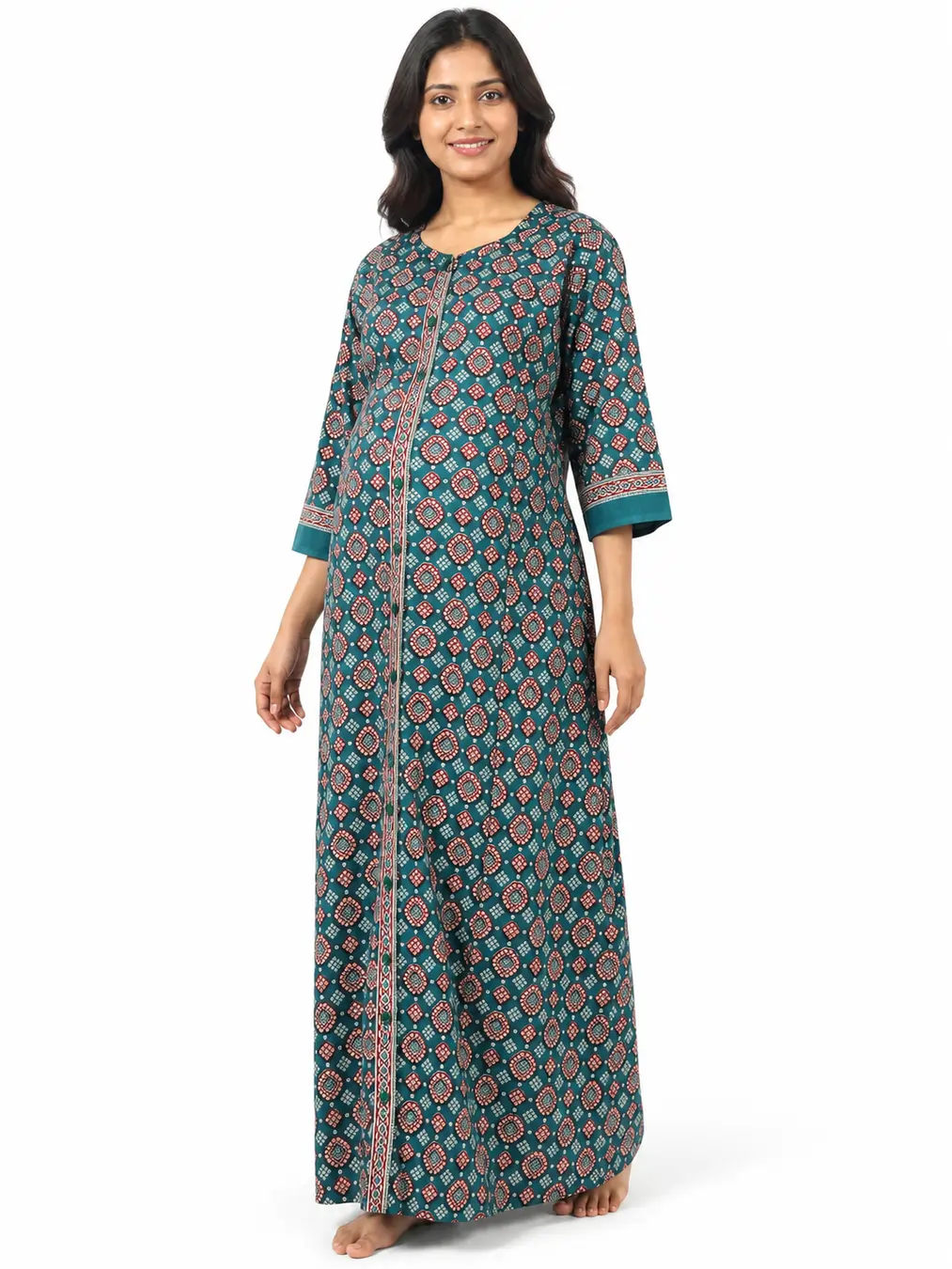 Teal cotton maternity nighty with full-front button opening