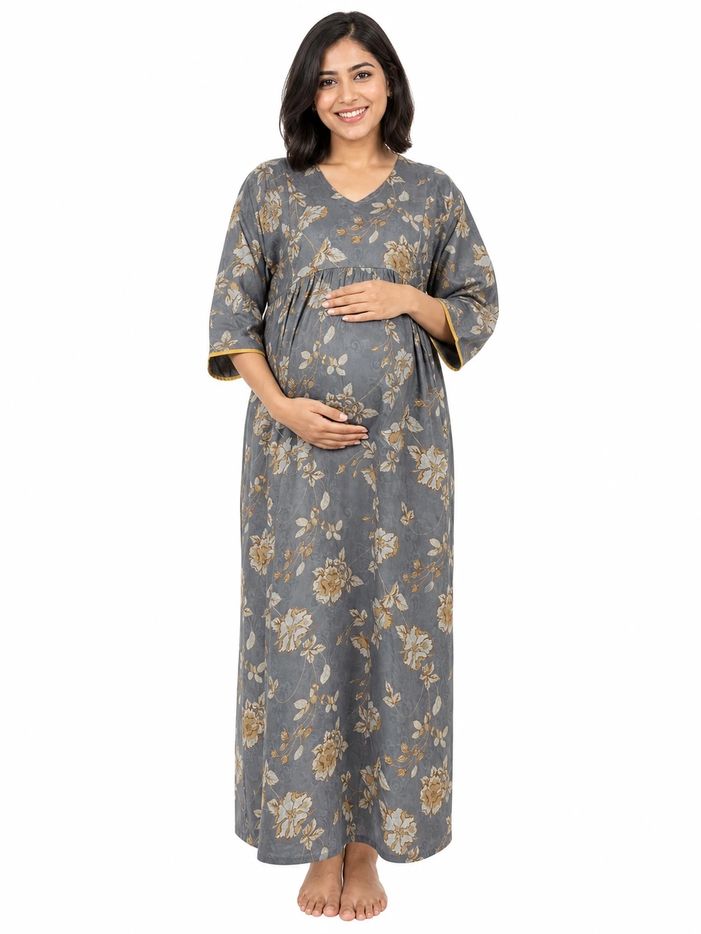 Grey Alpine Frill Feeding Nighty with ruffled waist detail and dual concealed nursing zips