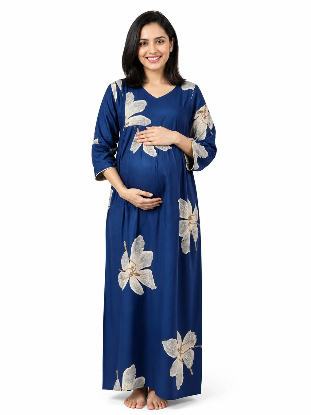 Blue Alpine Frill Feeding Nighty with ruffled waist detail and dual concealed nursing zips