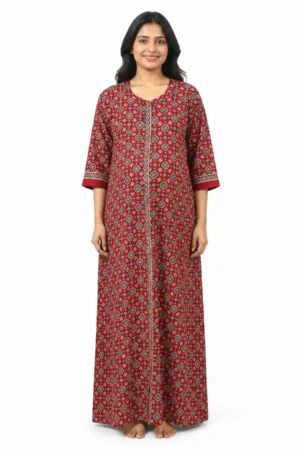 Red cotton maternity nighty with full-front button opening