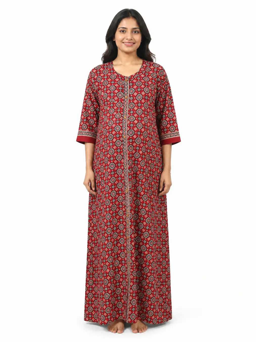 Red cotton maternity nighty with full-front button opening