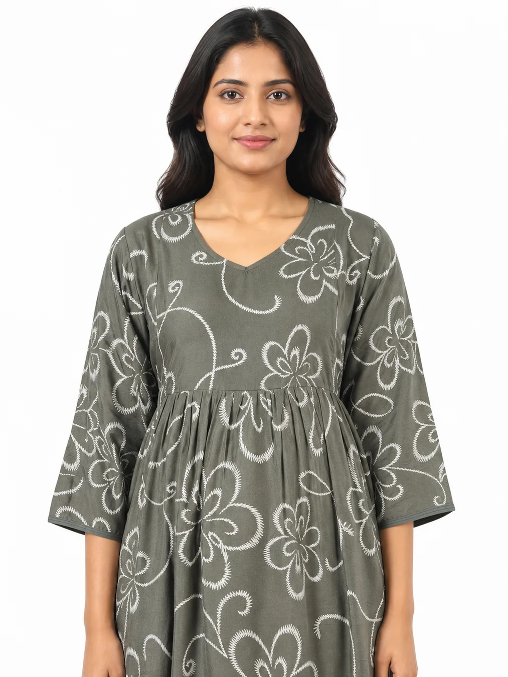 Pale Olive Rayon Frill Feeding Nighty with ruffled waist detail and dual concealed nursing zips