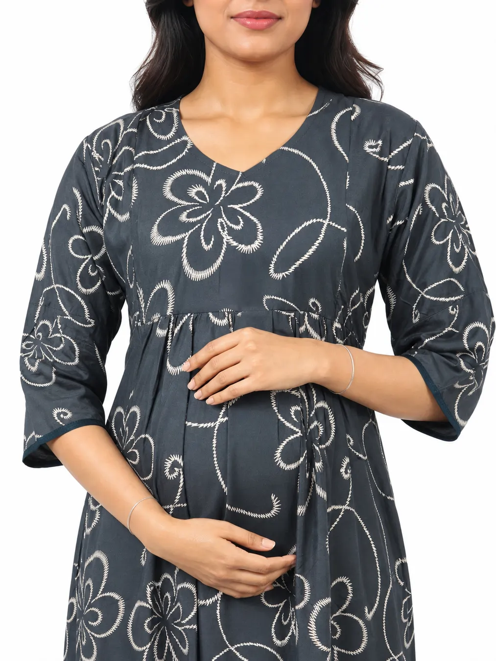 Dark Grey Rayon Frill Feeding Nighty with ruffled waist detail and dual concealed nursing zips