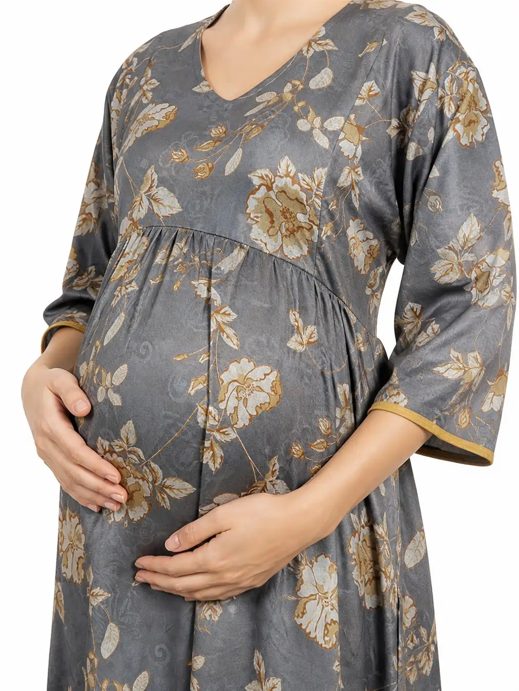 Grey Alpine Frill Feeding Nighty with ruffled waist detail and dual concealed nursing zips