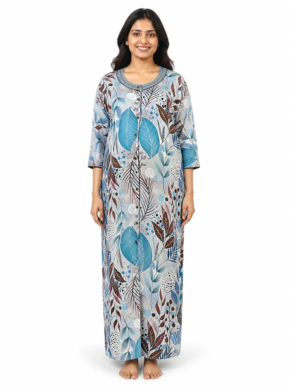 Ice Blue rayon front-open nighty with full button opening