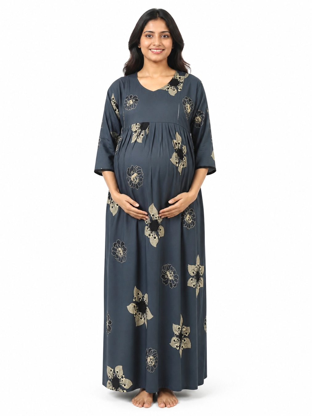 Ash Green Rayon Frill Feeding Nighty with ruffled waist detail and dual concealed nursing zips