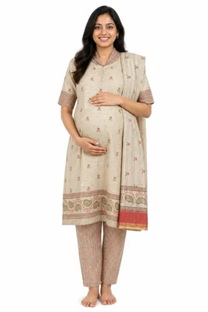 Cream Feeding Top Set with Centre Nursing Zip with a shawl, pant and multiple nursing openings
