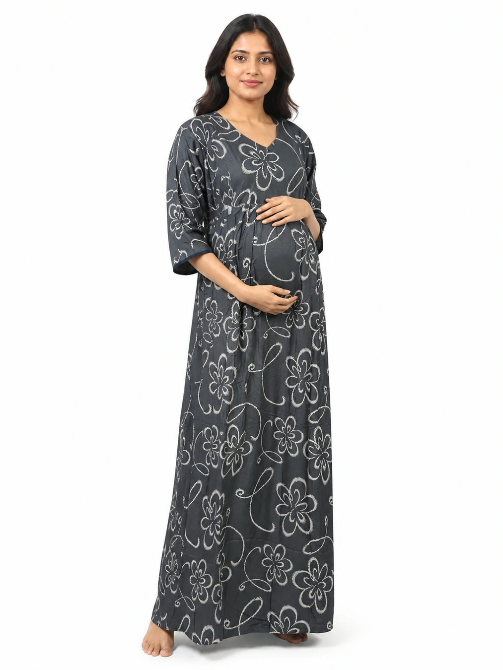 Dark Grey Rayon Frill Feeding Nighty with ruffled waist detail and dual concealed nursing zips