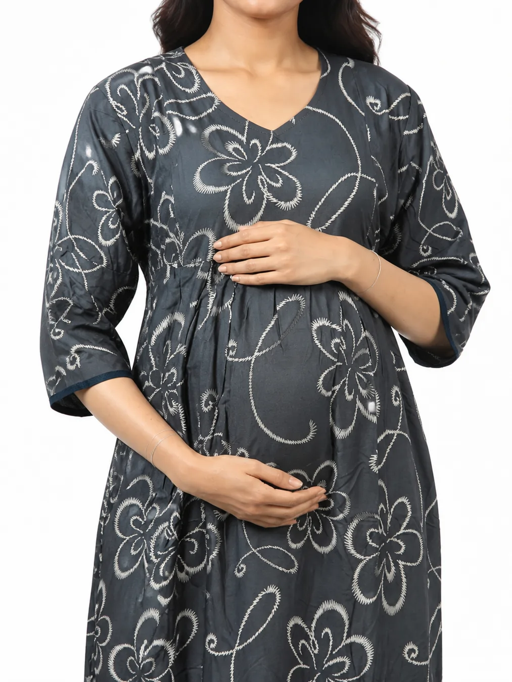 Dark Grey Rayon Frill Feeding Nighty with ruffled waist detail and dual concealed nursing zips