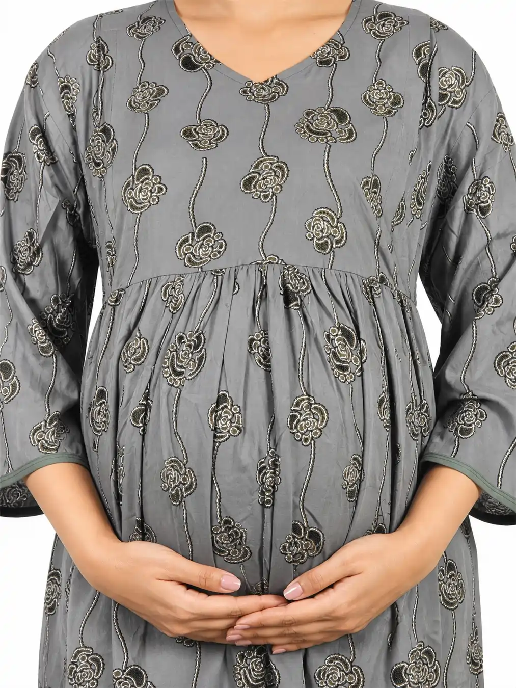Ash Green Short Rayon Feeding Frock Nighty with ruffled waist and dual concealed nursing zips