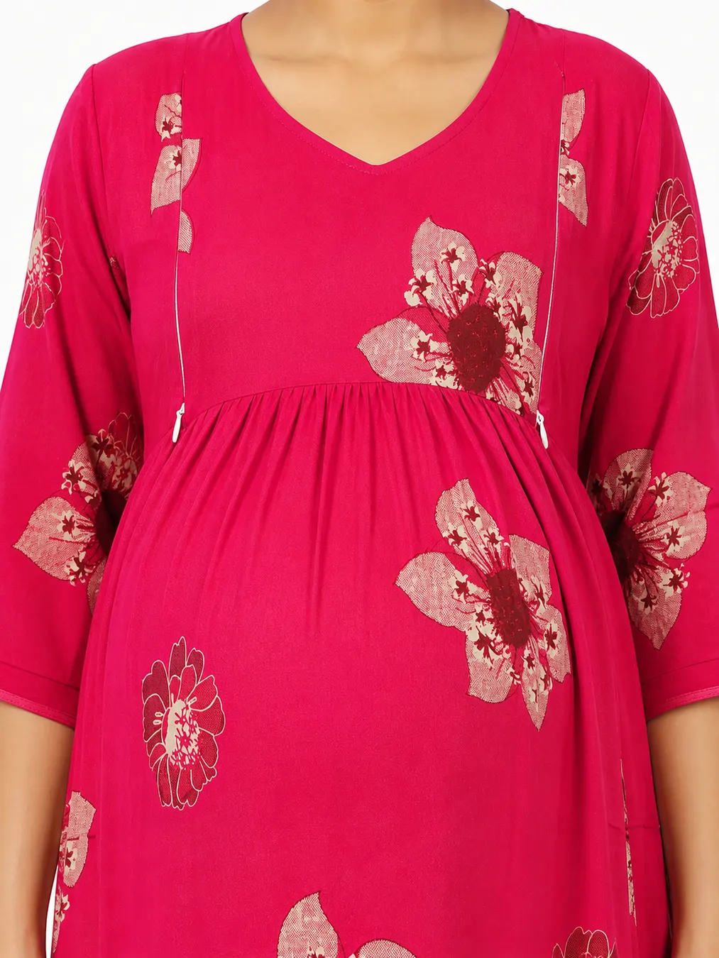 Magenta Pink Rayon Frill Feeding Nighty with ruffled waist detail and dual concealed nursing zips