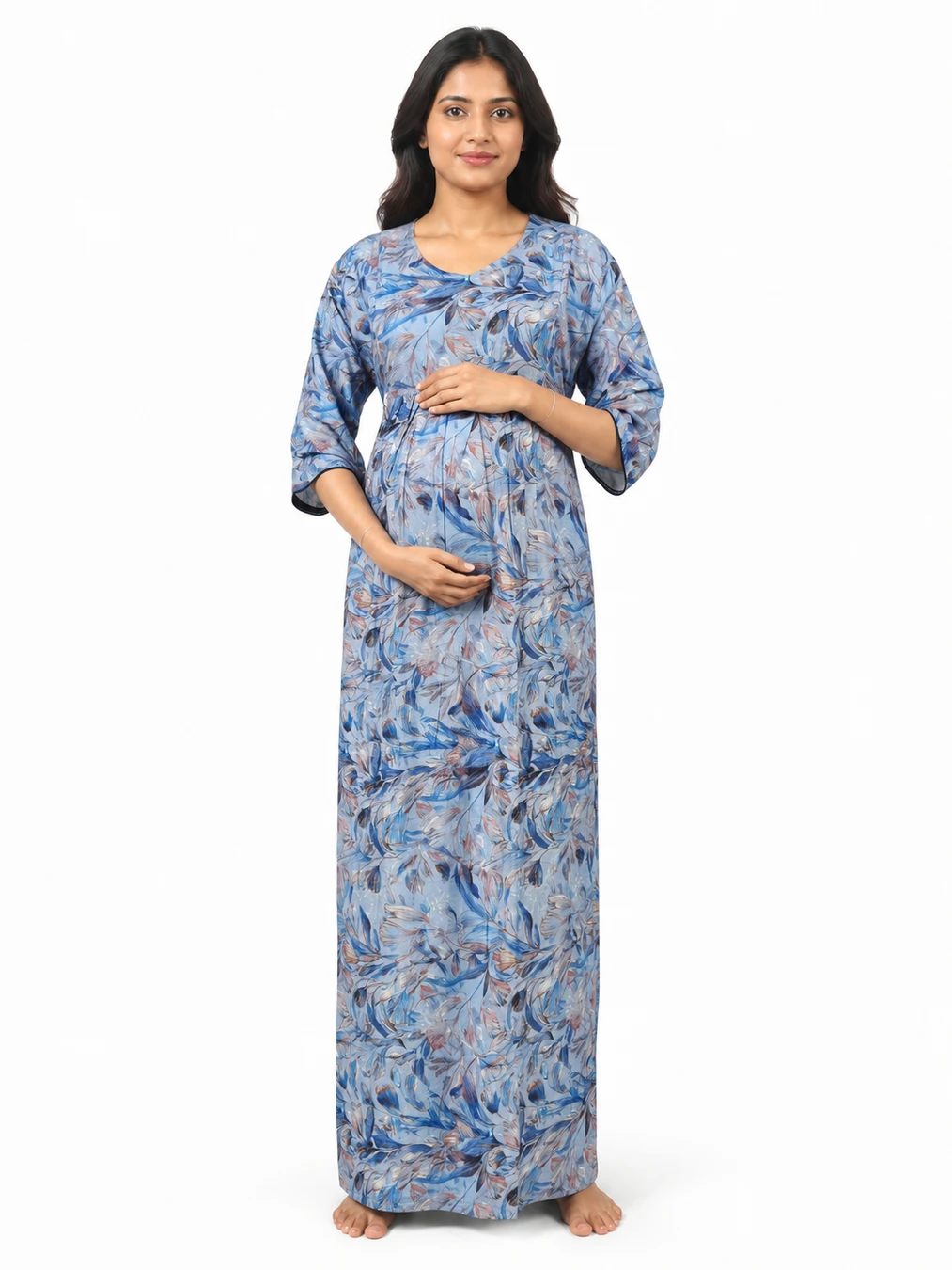 Ice Blue rayon frill feeding nighty with concealed nursing zips