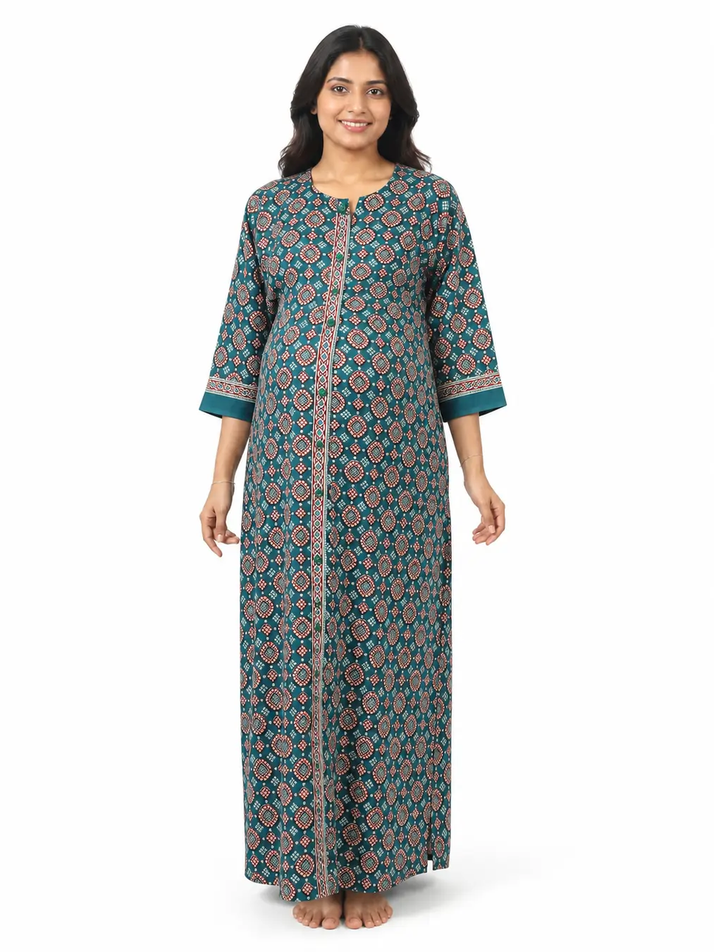 Teal cotton maternity nighty with full-front button opening