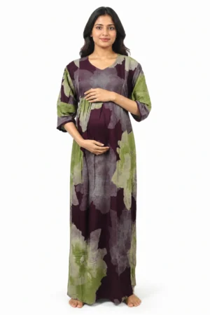 Maroon Alpine Frill Feeding Nighty with ruffled waist detail and dual concealed nursing zips