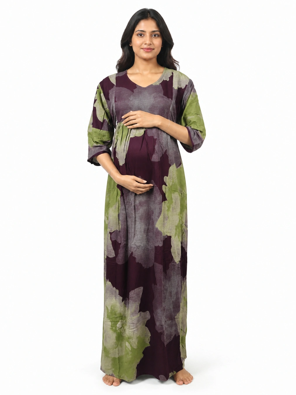 Maroon Alpine Frill Feeding Nighty with ruffled waist detail and dual concealed nursing zips