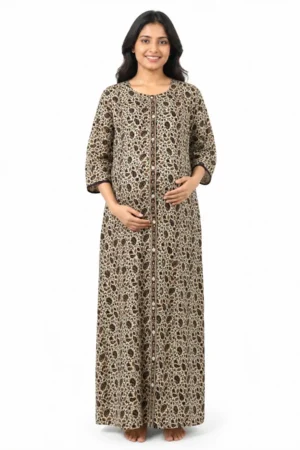 Olive Green cotton maternity nighty with full-front button opening