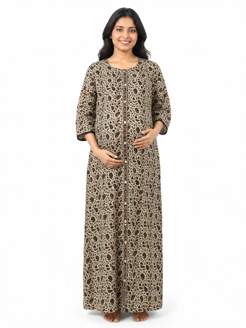 Olive Green cotton maternity nighty with full-front button opening