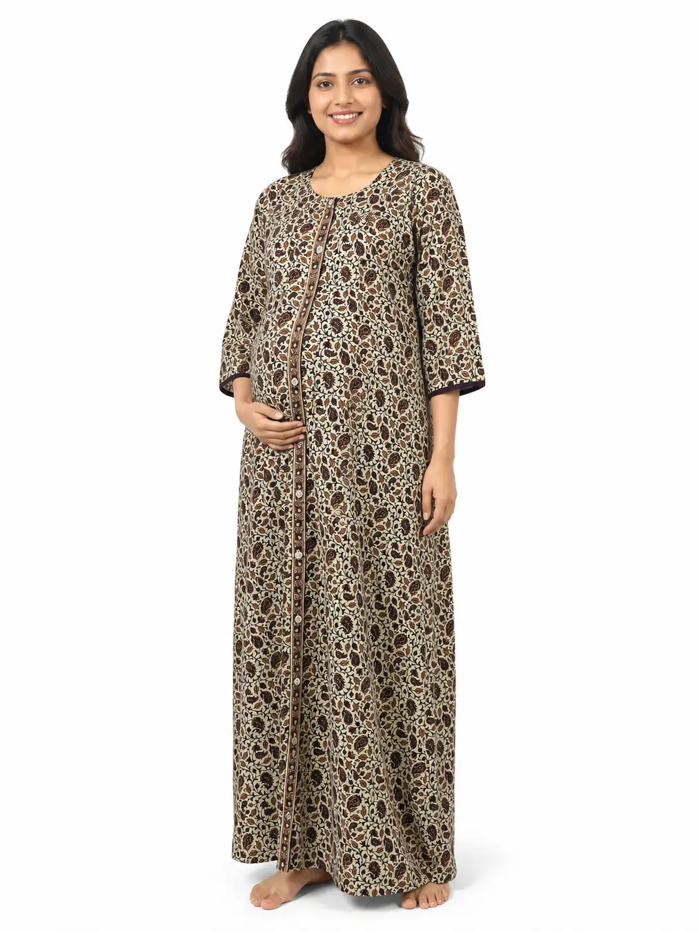 Olive Green cotton maternity nighty with full-front button opening