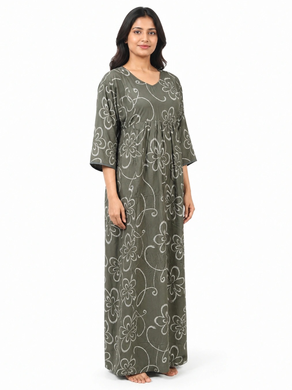 Pale Olive Rayon Frill Feeding Nighty with ruffled waist detail and dual concealed nursing zips