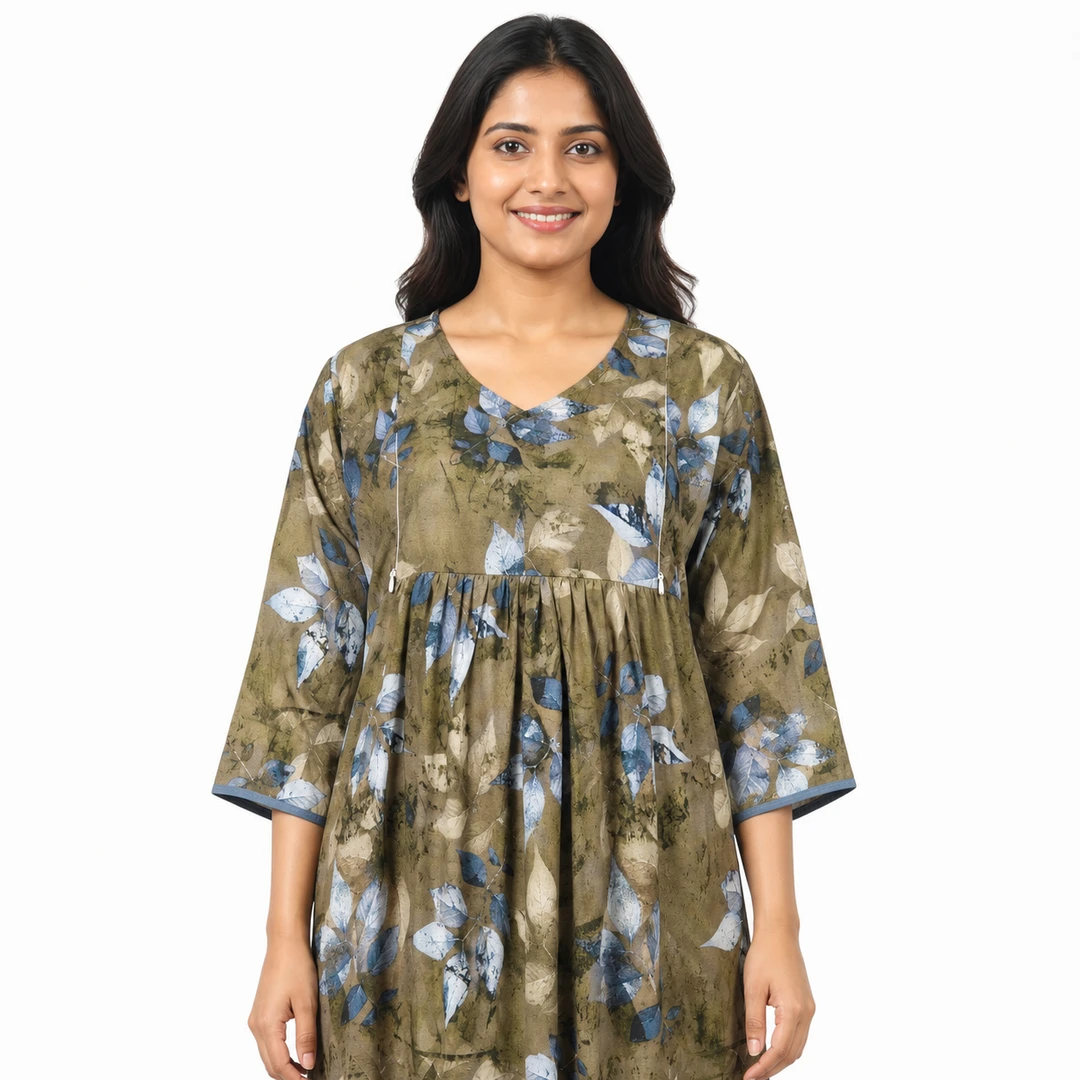 Brown Green Rayon Frill Feeding Nighty with ruffled waist detail and side-zip nursing access