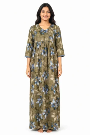 Brown Green Rayon Frill Feeding Nighty with ruffled waist detail and side-zip nursing access