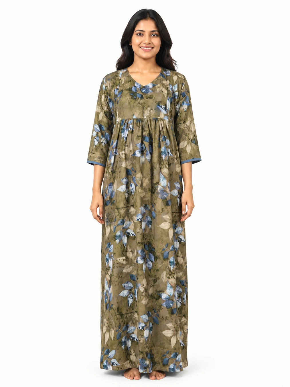Brown Green Rayon Frill Feeding Nighty with ruffled waist detail and side-zip nursing access