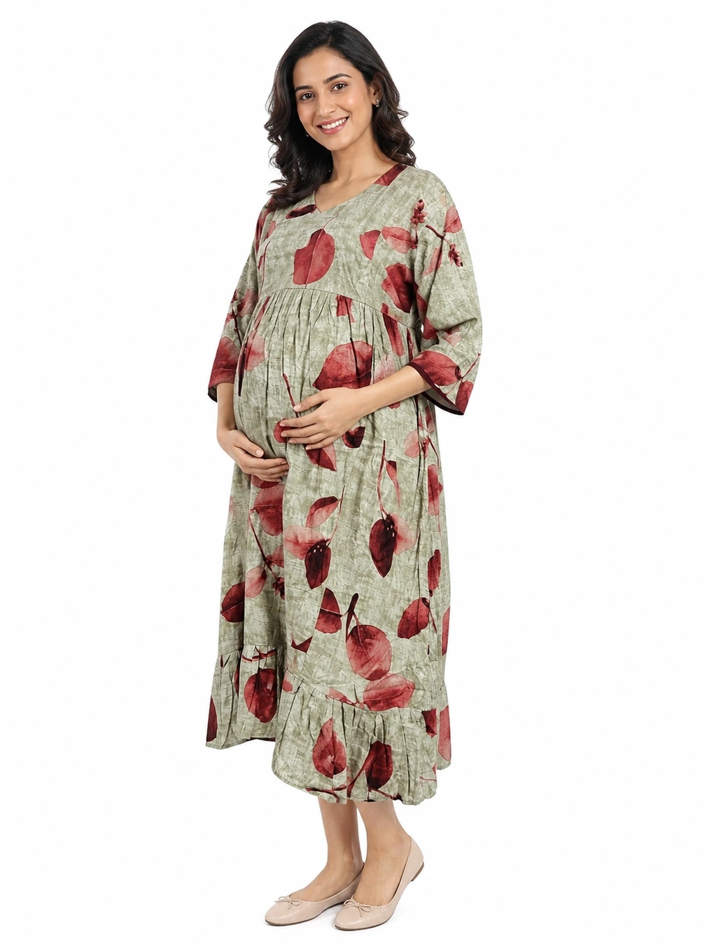 Ash Short Rayon Feeding Frock Nighty with ruffled waist and dual concealed nursing zips