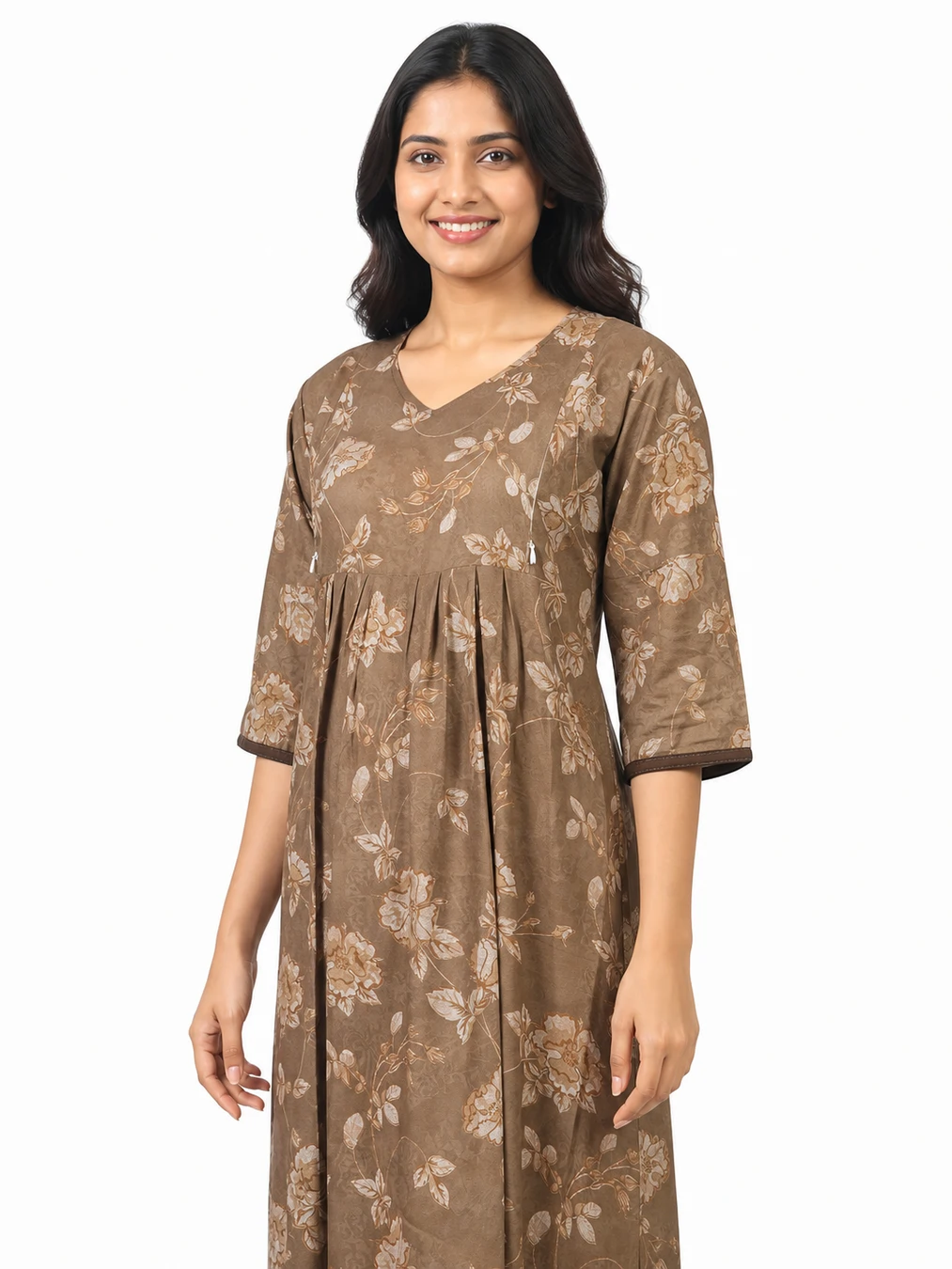 Mud Brown Alpine Frill Feeding Nighty with ruffled waist detail and dual concealed nursing zips