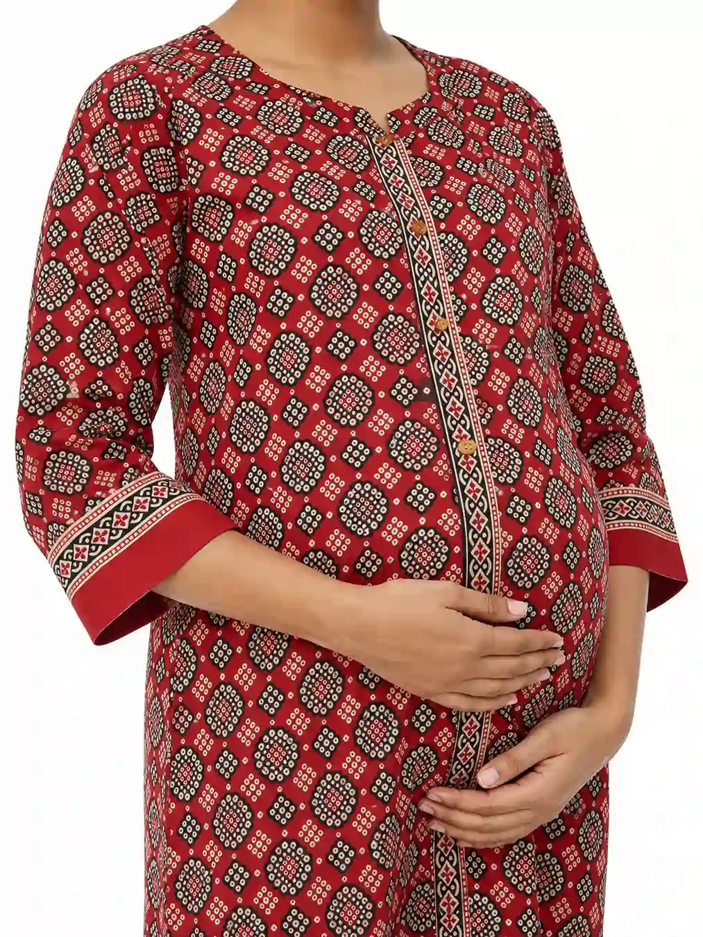 Red cotton maternity nighty with full-front button opening