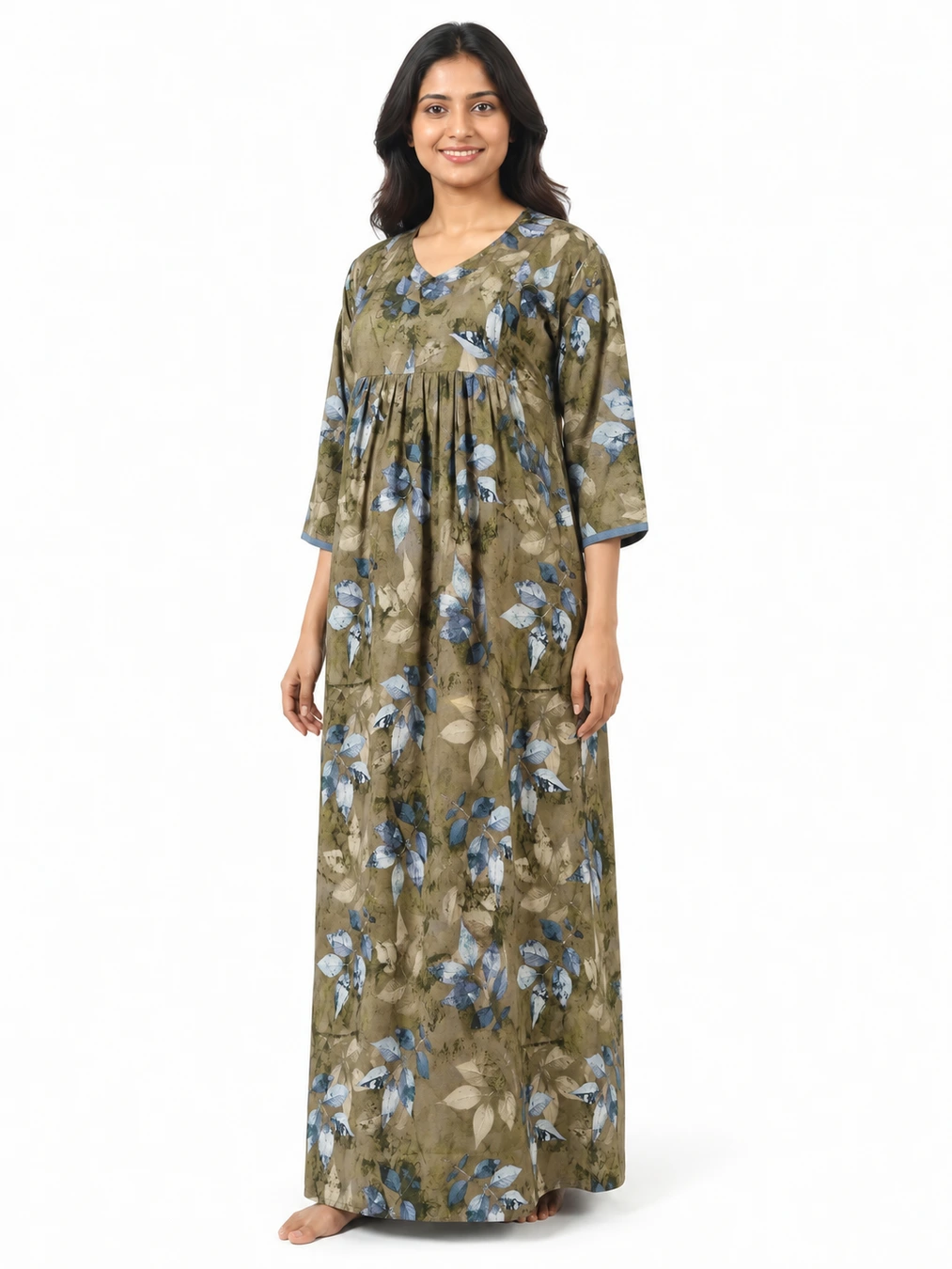 Brown Green Rayon Frill Feeding Nighty with ruffled waist detail and side-zip nursing access