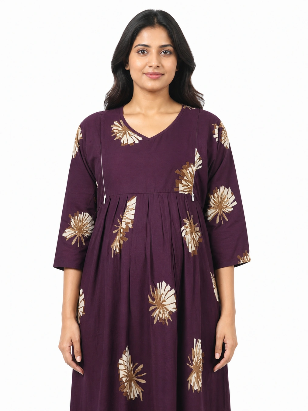 Maroon rayon frill feeding nighty with concealed nursing zips