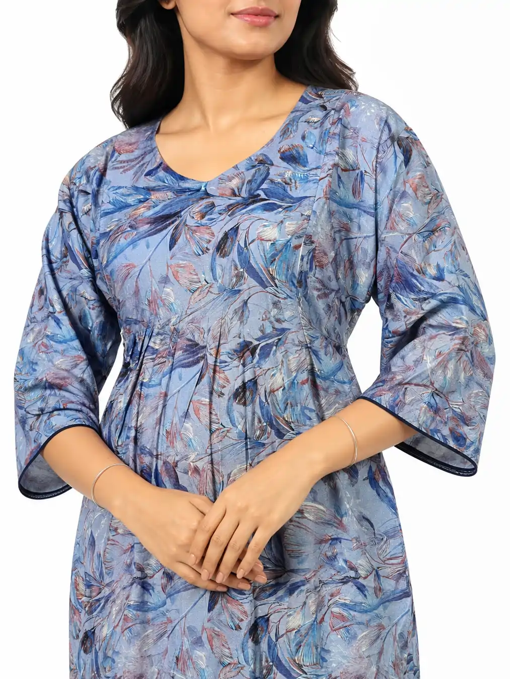 Ice Blue rayon frill feeding nighty with concealed nursing zips