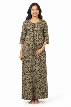 Yellow cotton maternity nighty with full-front button opening