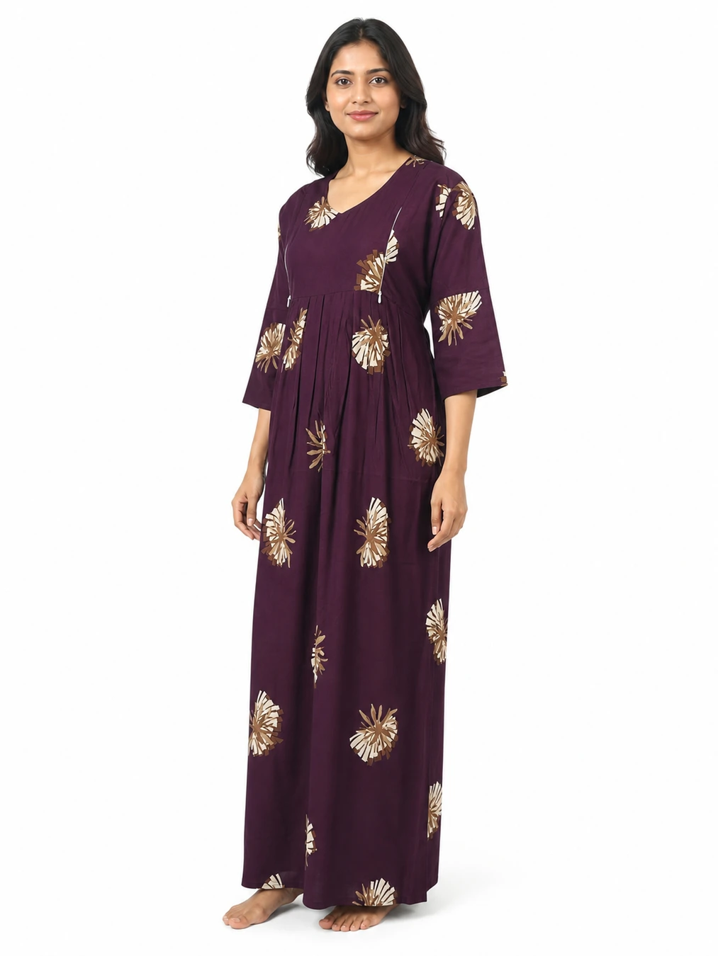 Maroon rayon frill feeding nighty with concealed nursing zips