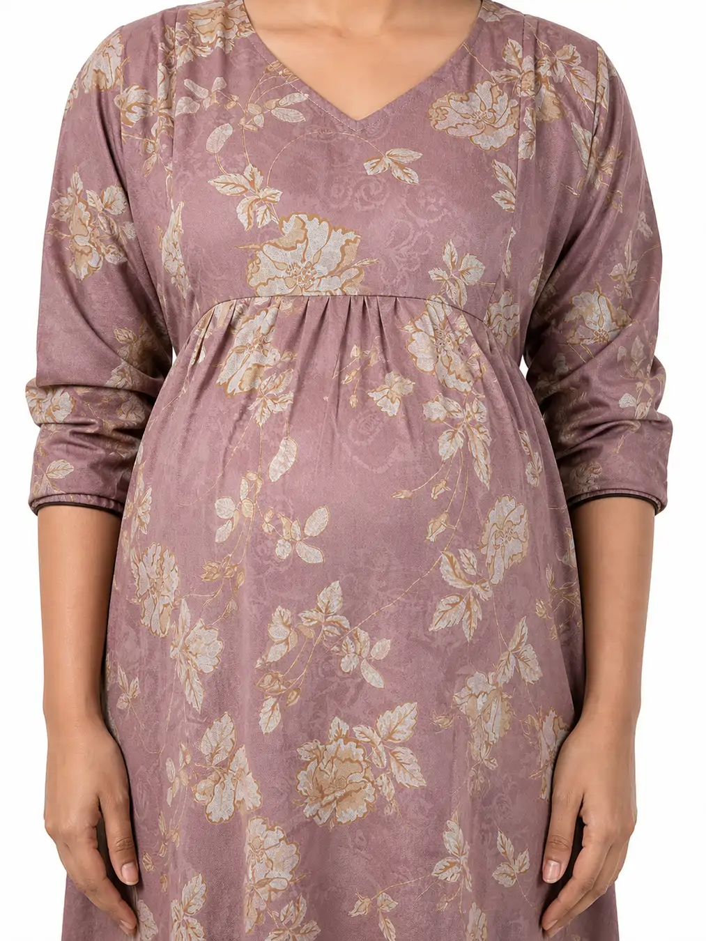 Light Rose Alpine Frill Feeding Nighty with ruffled waist detail and dual concealed nursing zips