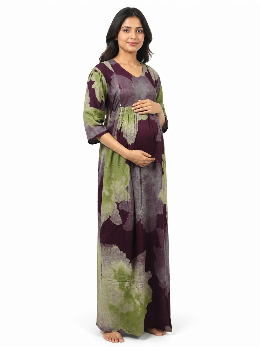 Maroon Alpine Frill Feeding Nighty with ruffled waist detail and dual concealed nursing zips