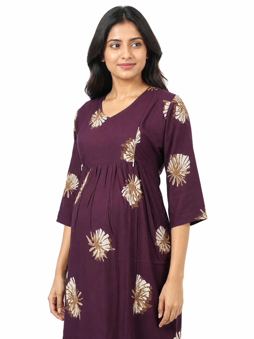 Maroon rayon frill feeding nighty with concealed nursing zips