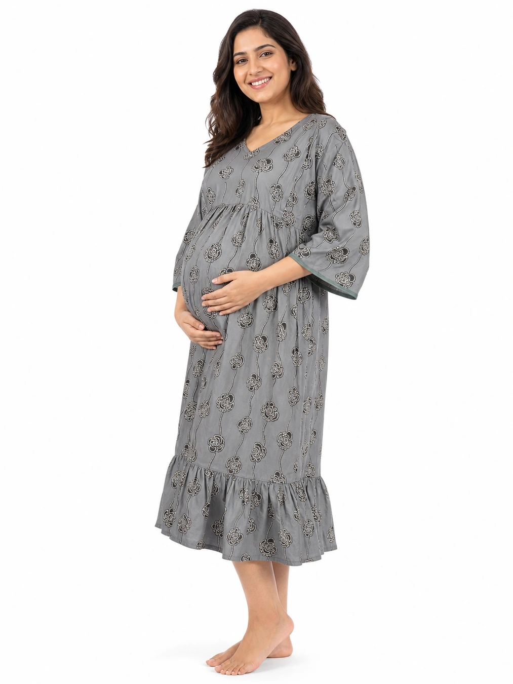 Ash Green Short Rayon Feeding Frock Nighty with ruffled waist and dual concealed nursing zips