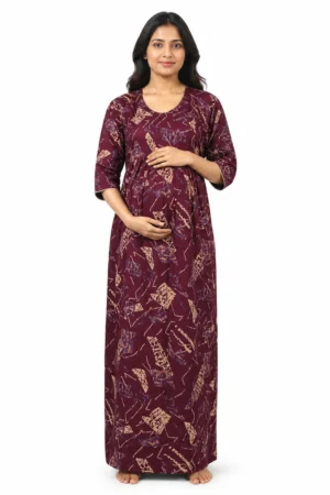 Maroon Alpine frill feeding nighty with concealed nursing zips