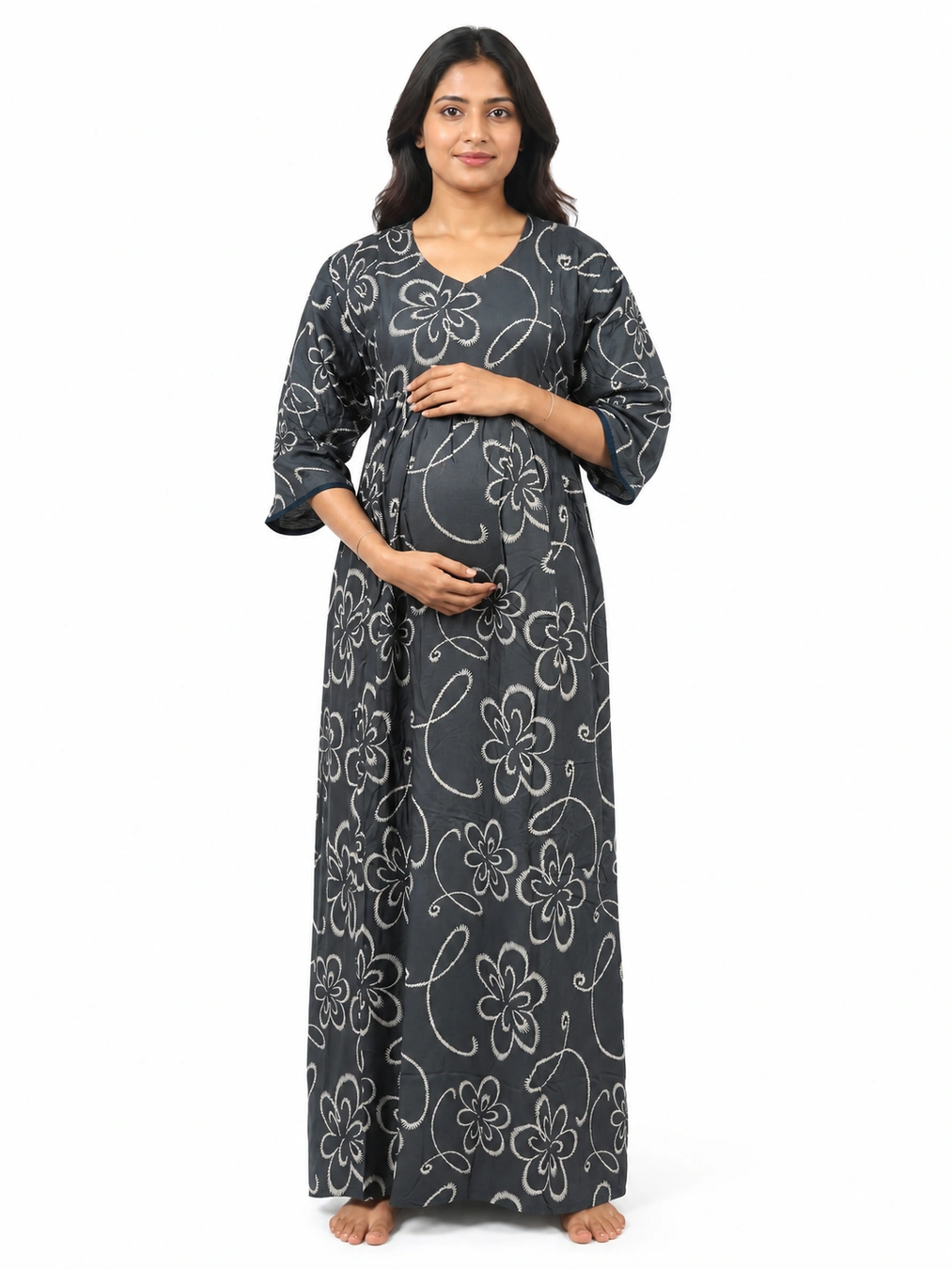 Dark Grey Rayon Frill Feeding Nighty with ruffled waist detail and dual concealed nursing zips