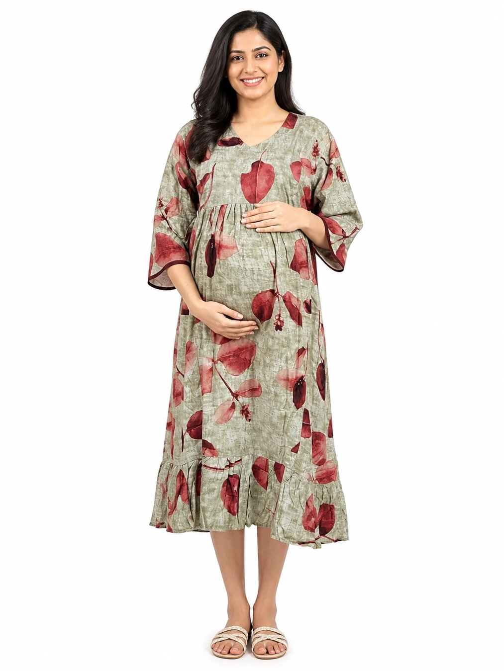 Ash Short Rayon Feeding Frock Nighty with ruffled waist and dual concealed nursing zips