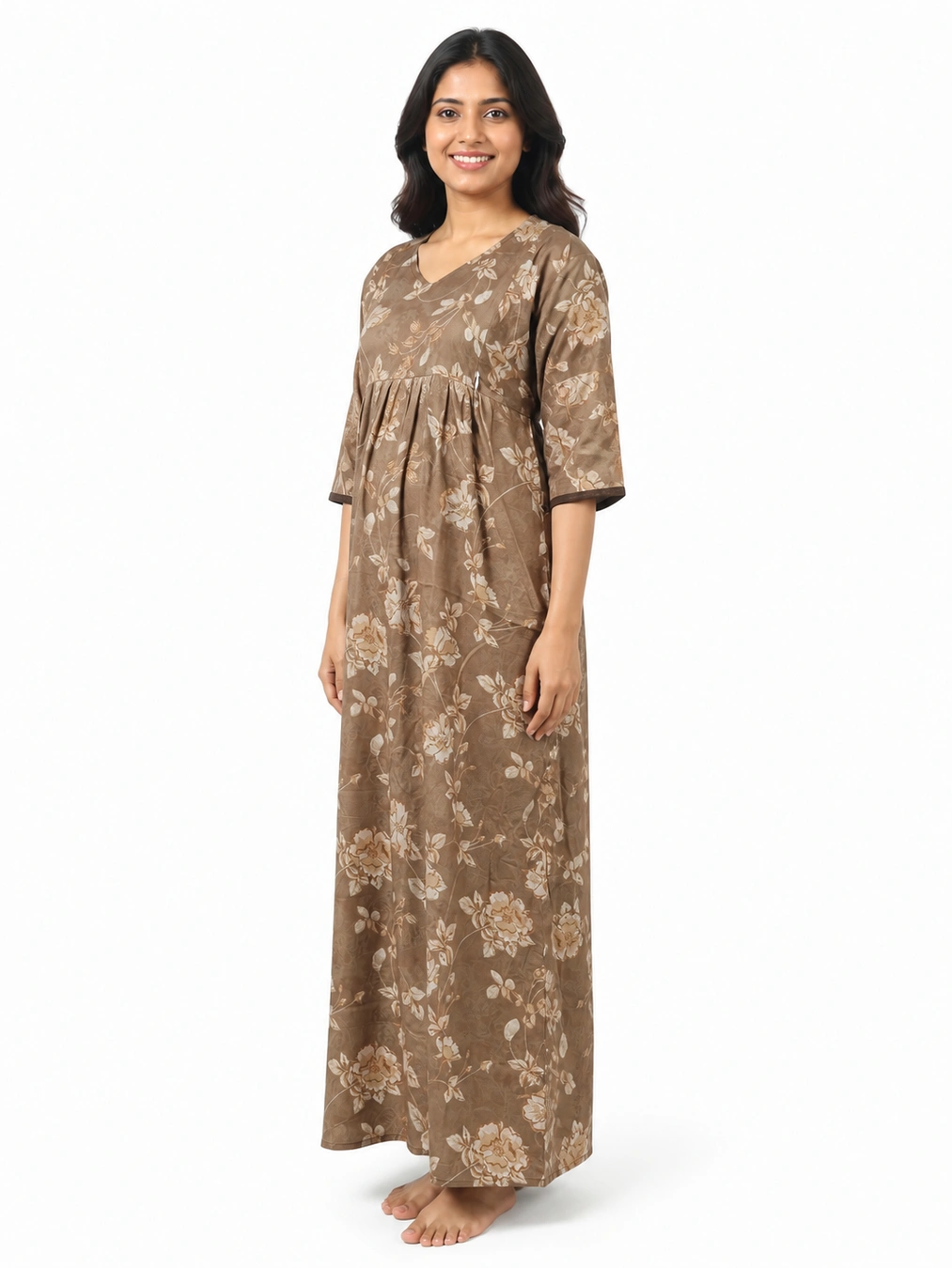 Mud Brown Alpine Frill Feeding Nighty with ruffled waist detail and dual concealed nursing zips